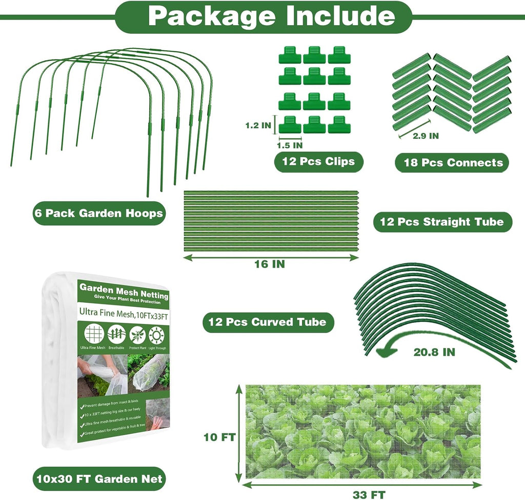 Garden Mesh Netting Kit, 10x33FT Ultra Fine Mesh Netting with 6 Sets Fiberglass Garden Hoops & 12 Clips for Tree Fruit