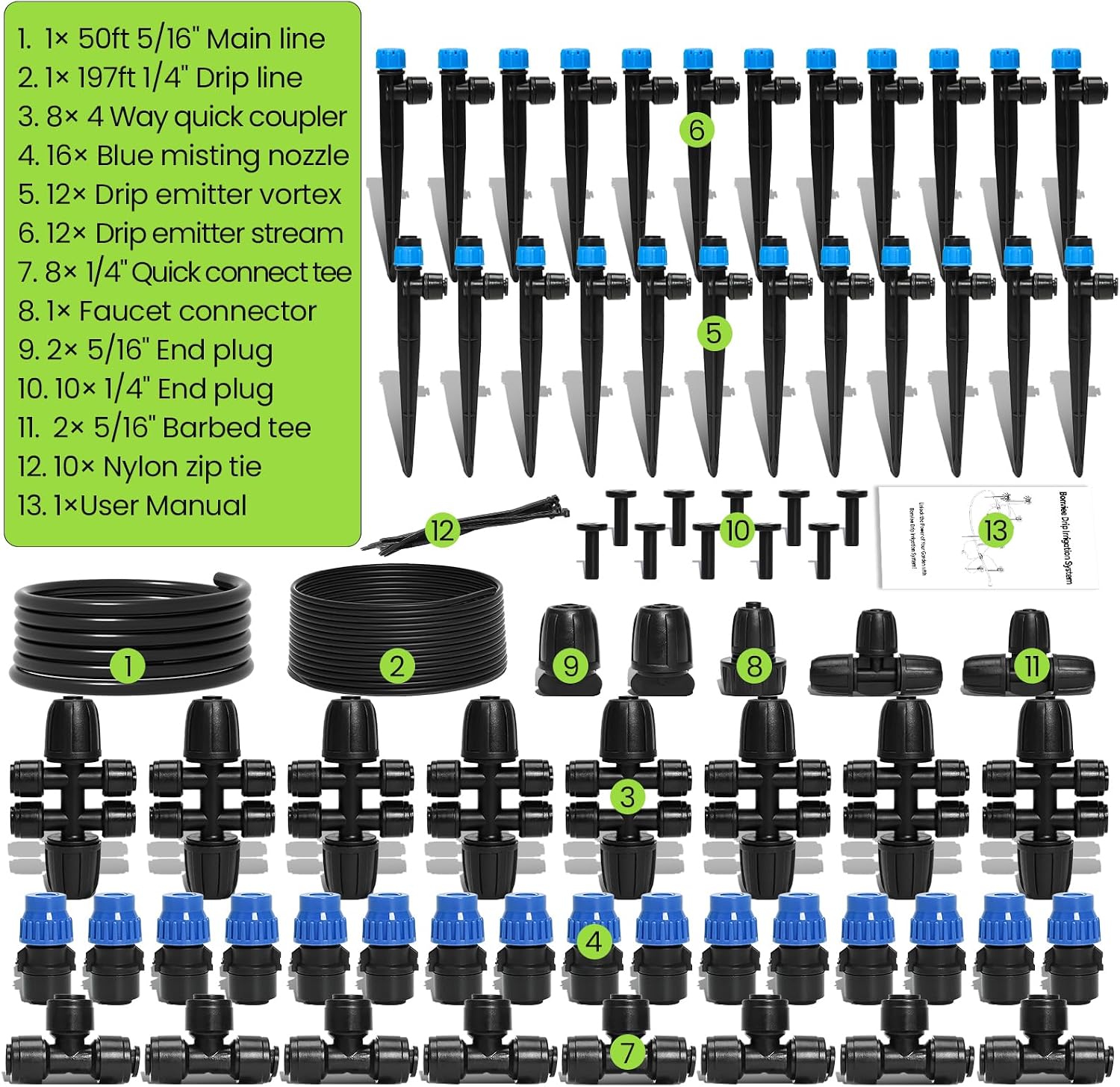 Drip Irrigation System Kit for Garden Watering, 247FT Quick Connect | For Garden, Raised Beds, Greenhouses, with 50FT