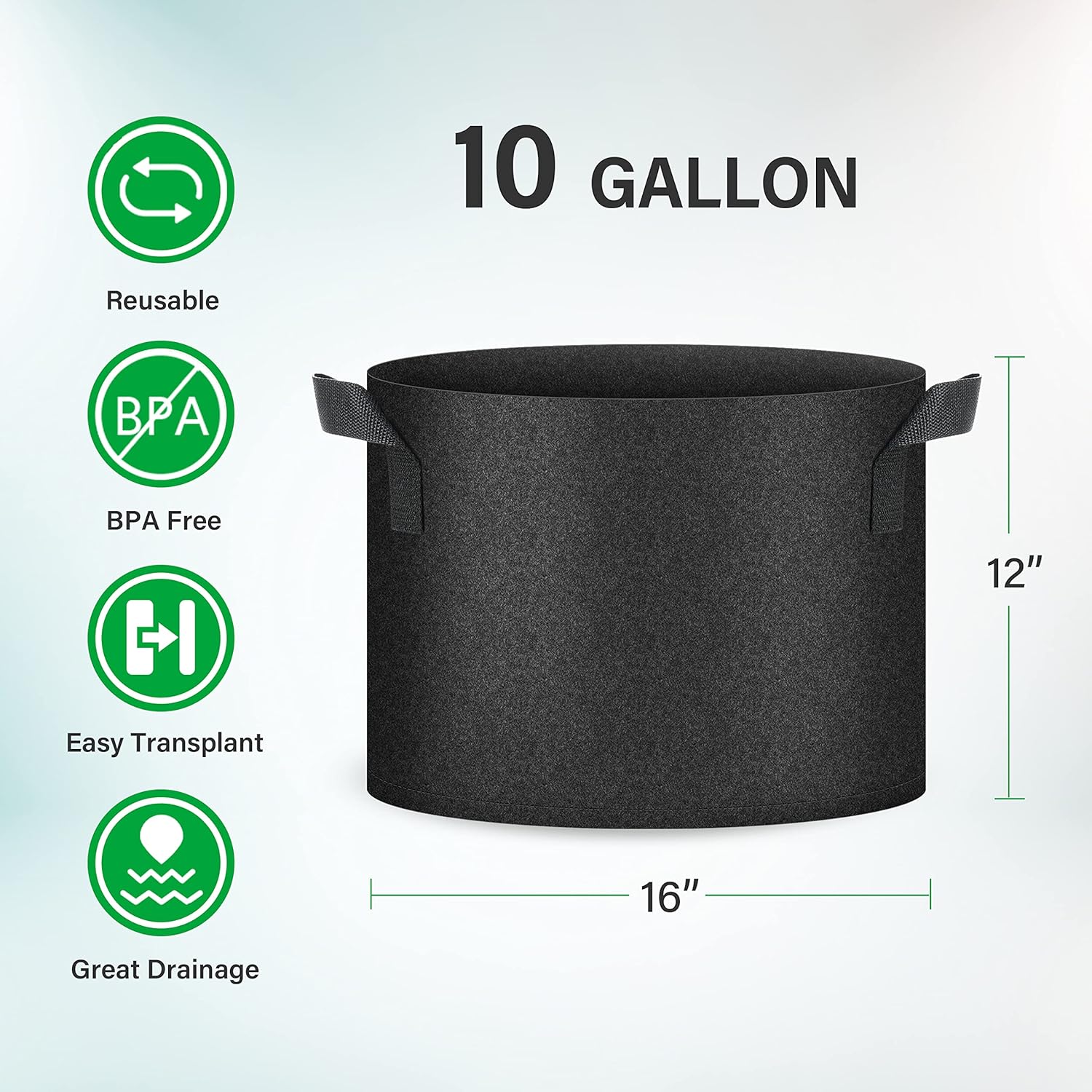 YSSOA 10-Pack 10 Gallon Grow Bags, Tomoato Plant Pots with Handles, Aeration Nonwoven Fabric, Heavy Duty Gardening