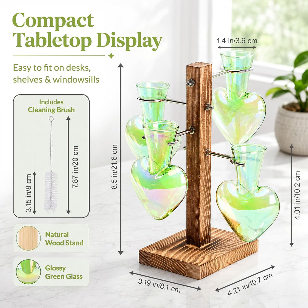 Plant Terrarium Propagation Stations: Green Vase with Wooden Stand | 4 Irised Crystal Glass, Heart Shaped, Home Table
