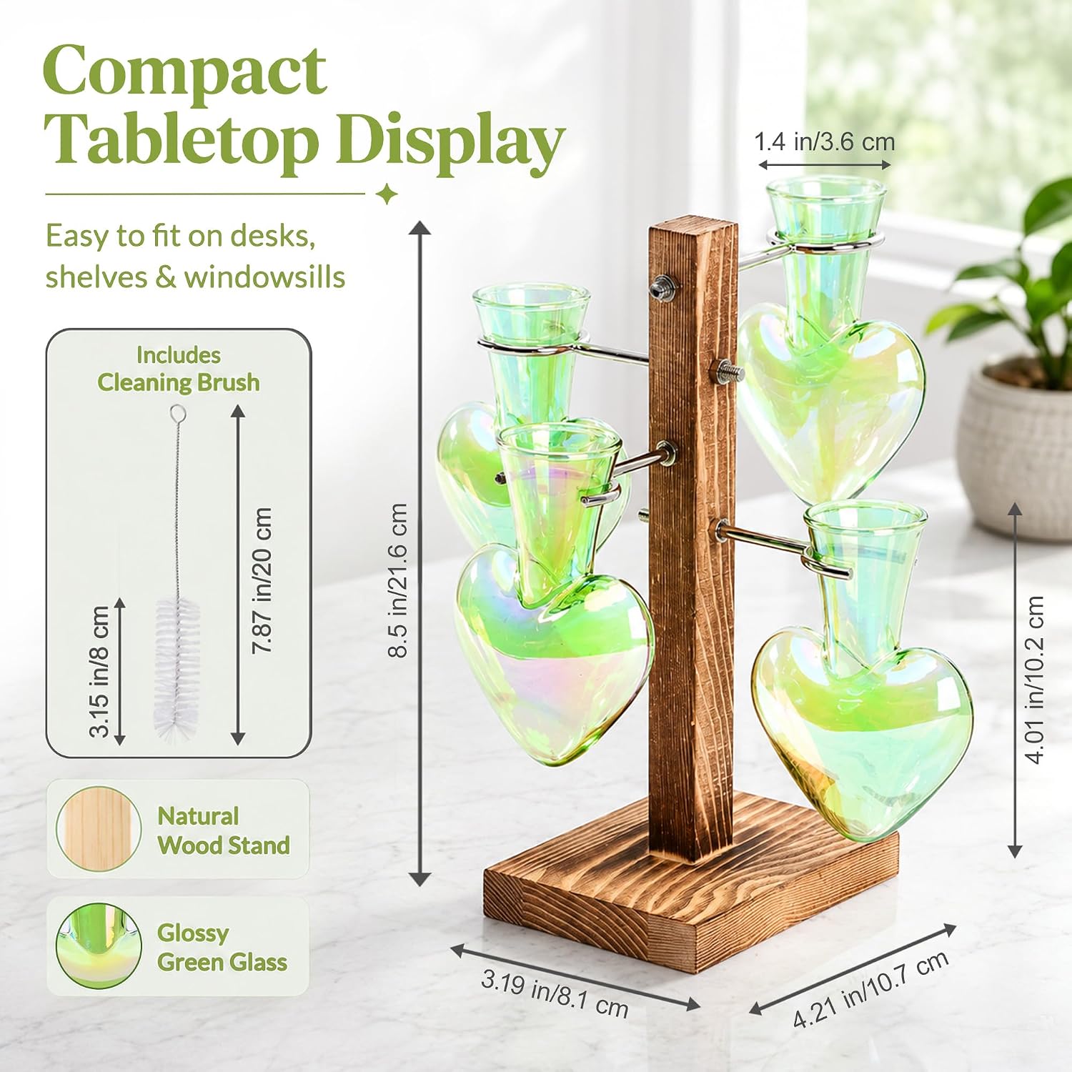 Plant Terrarium Propagation Stations: Green Vase with Wooden Stand | 4 Irised Crystal Glass, Heart Shaped, Home Table