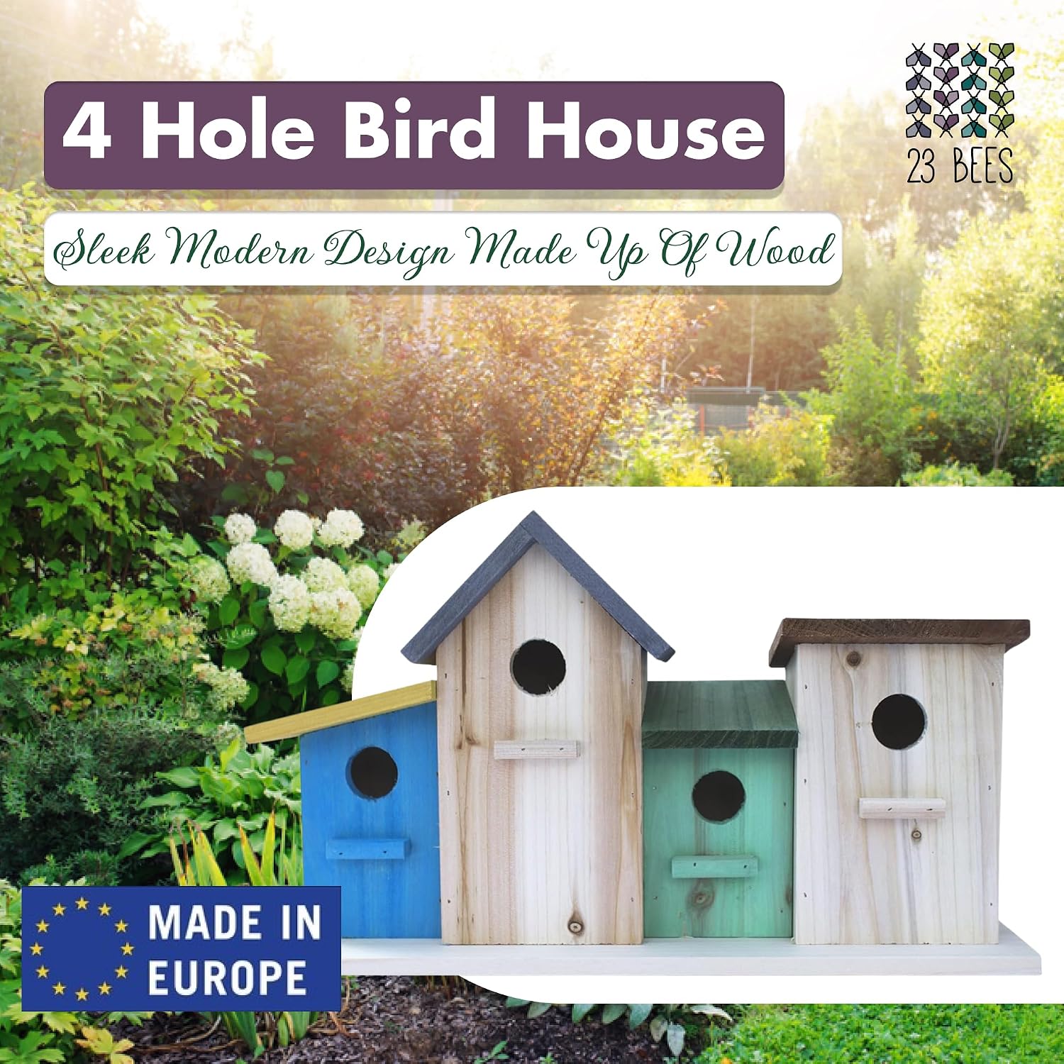 23 Bees 4 Hole Bird House for Outside/Indoors/Hanging, Kits for Children & Adults, Decorative Birdhouse &Home
