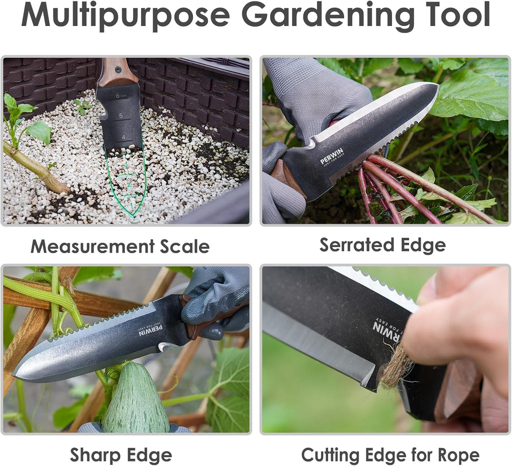PERWIN Hori Hori Garden Knife, Garden Tools with Sheath for Weeding, Planting, Digging, 7" Stainless Steel Blade with