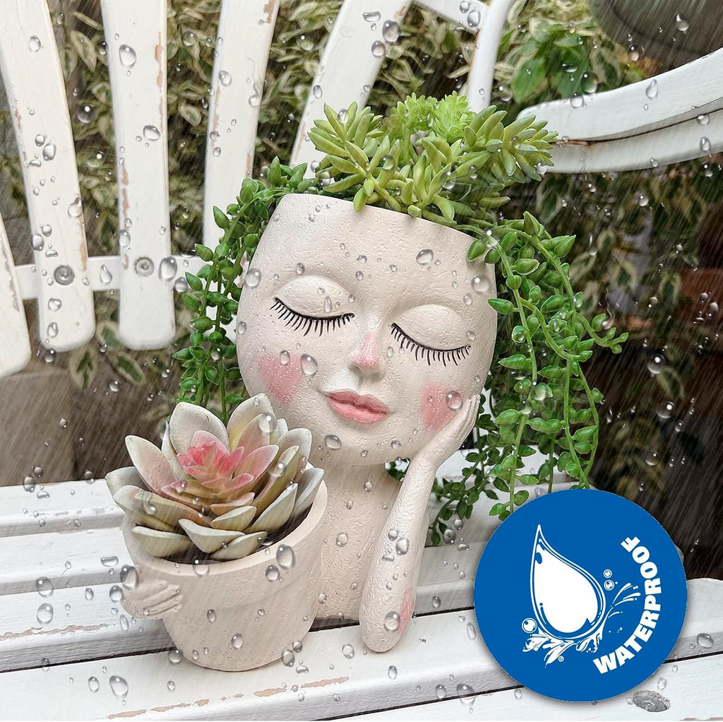Face Planter Pot, Double Flower Pots Resin with Drainage Hole | Waterproof Paper Decorative Flowers for Garden Home