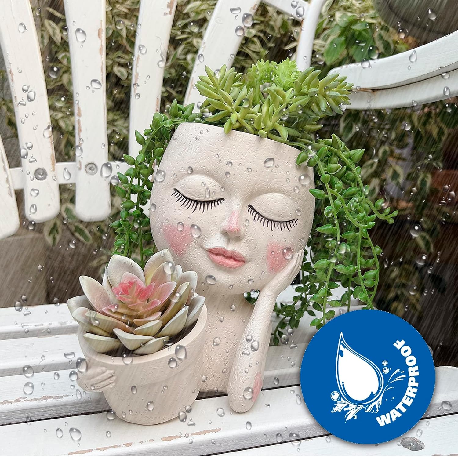 Face Planter Pot, Double Flower Pots Resin with Drainage Hole | Waterproof Paper Decorative Flowers for Garden Home