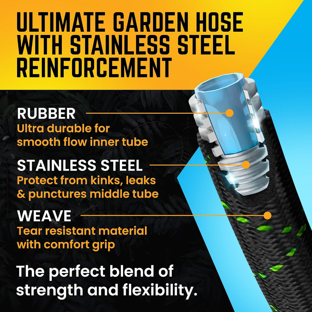 Garden Hose, NON-EXPANDABLE 25 Feet Premium Quality Stainless Steel Metal Water Hose with Durable Fabric Skin, Hose For