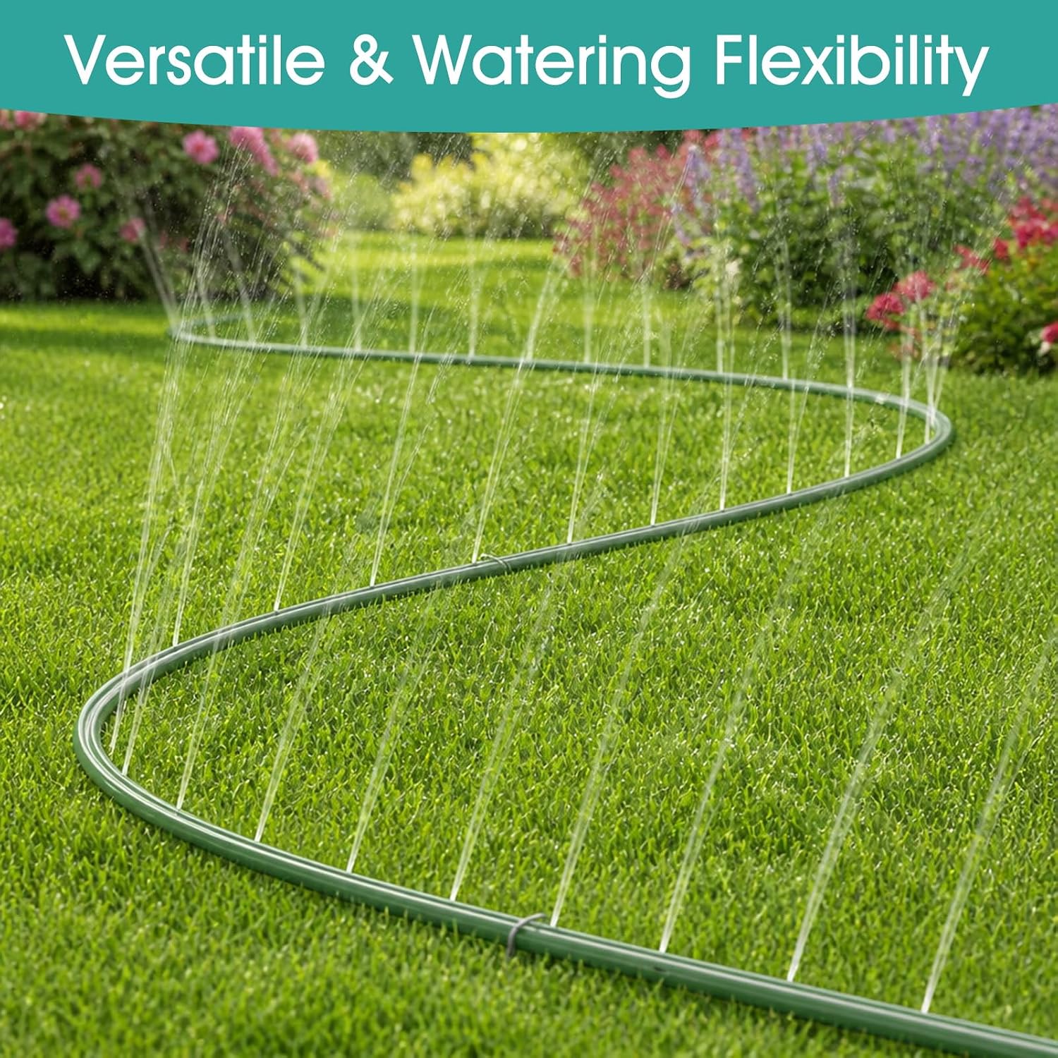 50 FT Soaker Hose for Garden Lawn, Water Saving Sprinkler Hose | Flat Irrigation Hose with 10 Stakes, Multi Directional