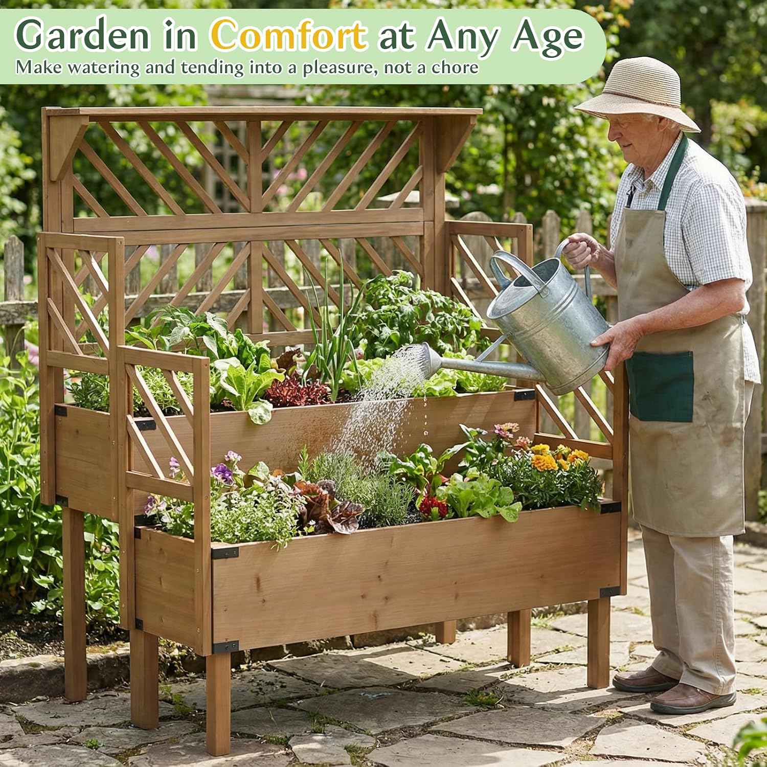 Raised Garden Bed Outdoor with Lattice Trellis, 47.2''H Wood Outdoor Flower Plant Stand with Two Planting Areas, Metal