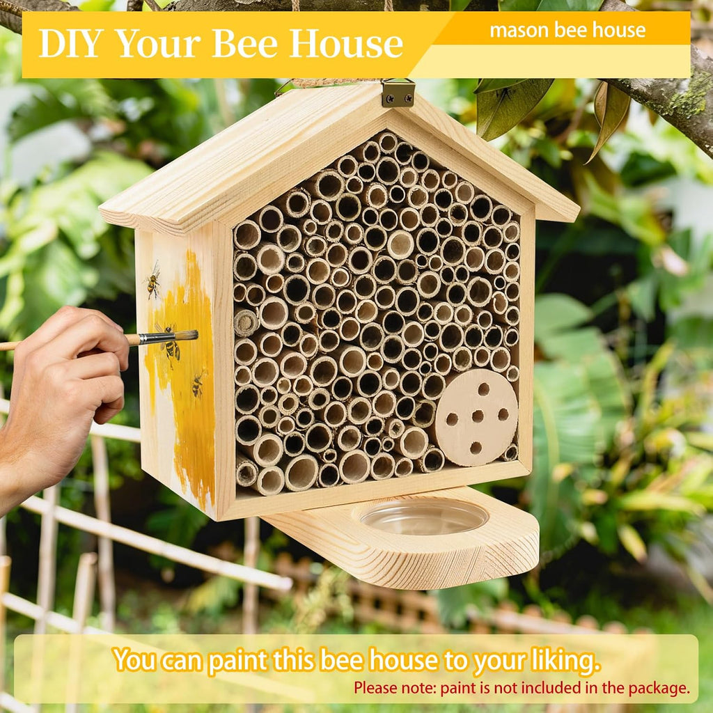 Mason Bee House with Feeding Trays, Natural Pine Wood Hanging Bee Hive | Insect Hotel for Garden Backyard, Outdoor