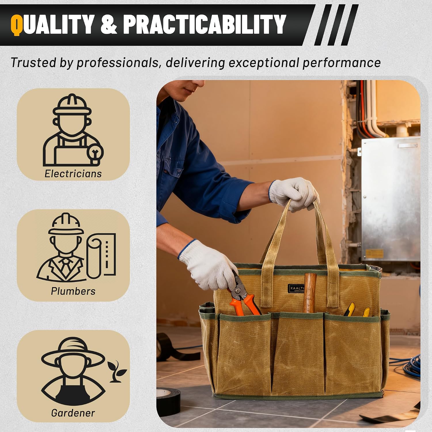 16OZ Waxed Canvas Tool Tote Bag | Large-Capacity Tool Storage Tote with 10 External Pockets | Multi-Purpose Garden Tool