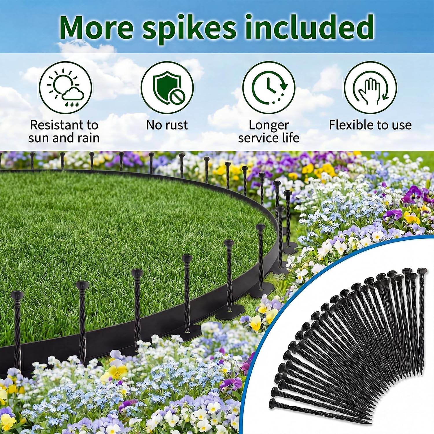 Landscape Edging, 2" x 120' Garden Edging Border, Plastic Garden Edging with 140 Pcs Spikes, No Dig Landscape Edging