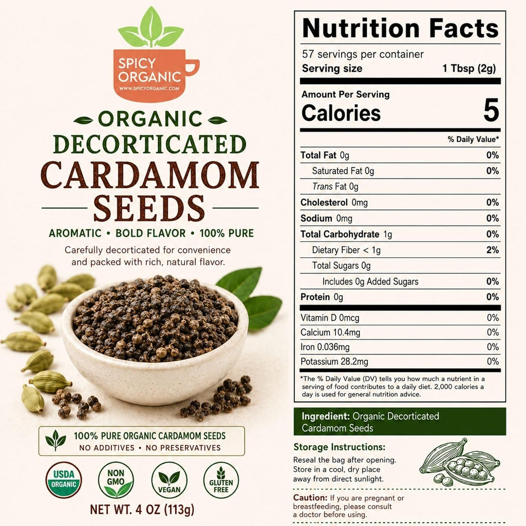 SPICY ORGANIC Premium Decorticated Organic Cardamom Seeds – 100% USDA Organic - Perfect for enhancing the taste of a