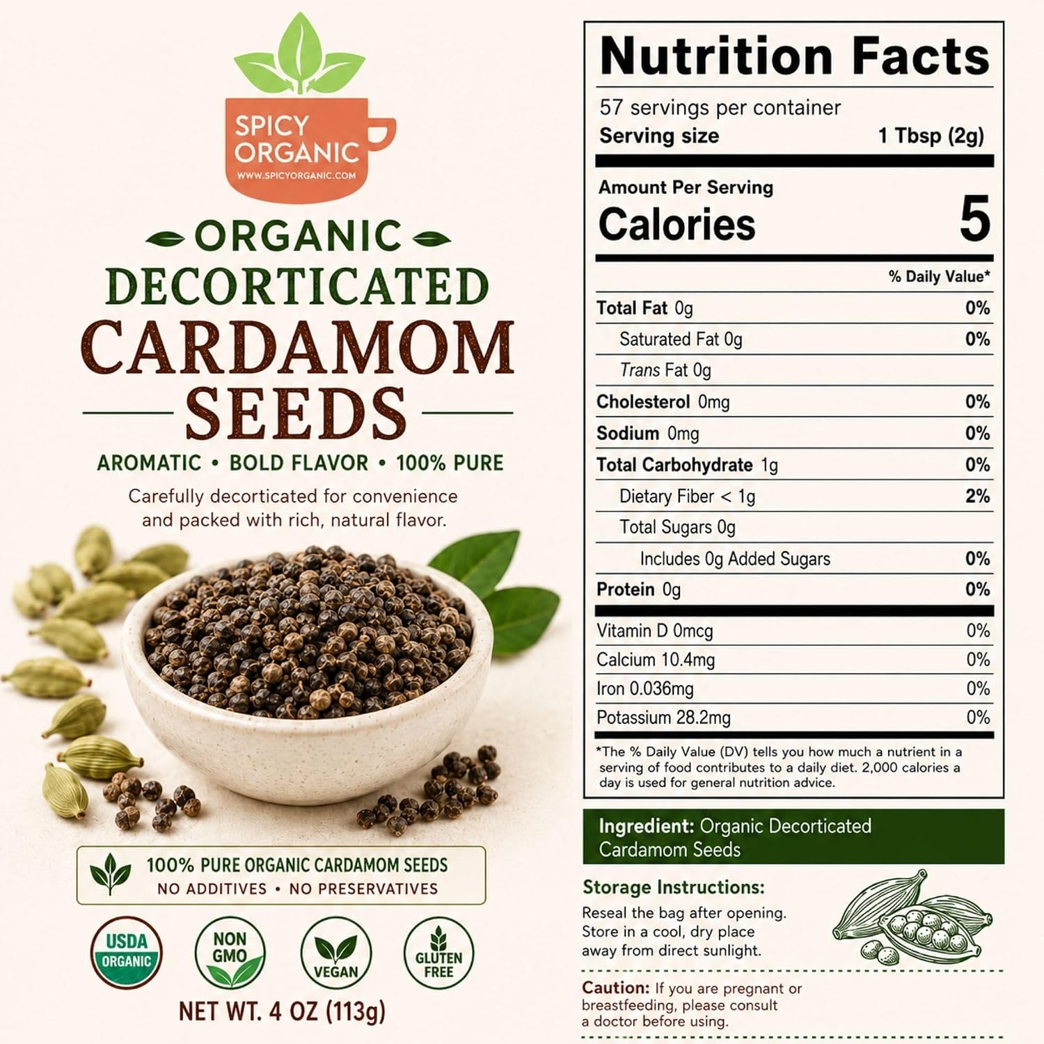 SPICY ORGANIC Premium Decorticated Organic Cardamom Seeds – 100% USDA Organic - Perfect for enhancing the taste of a