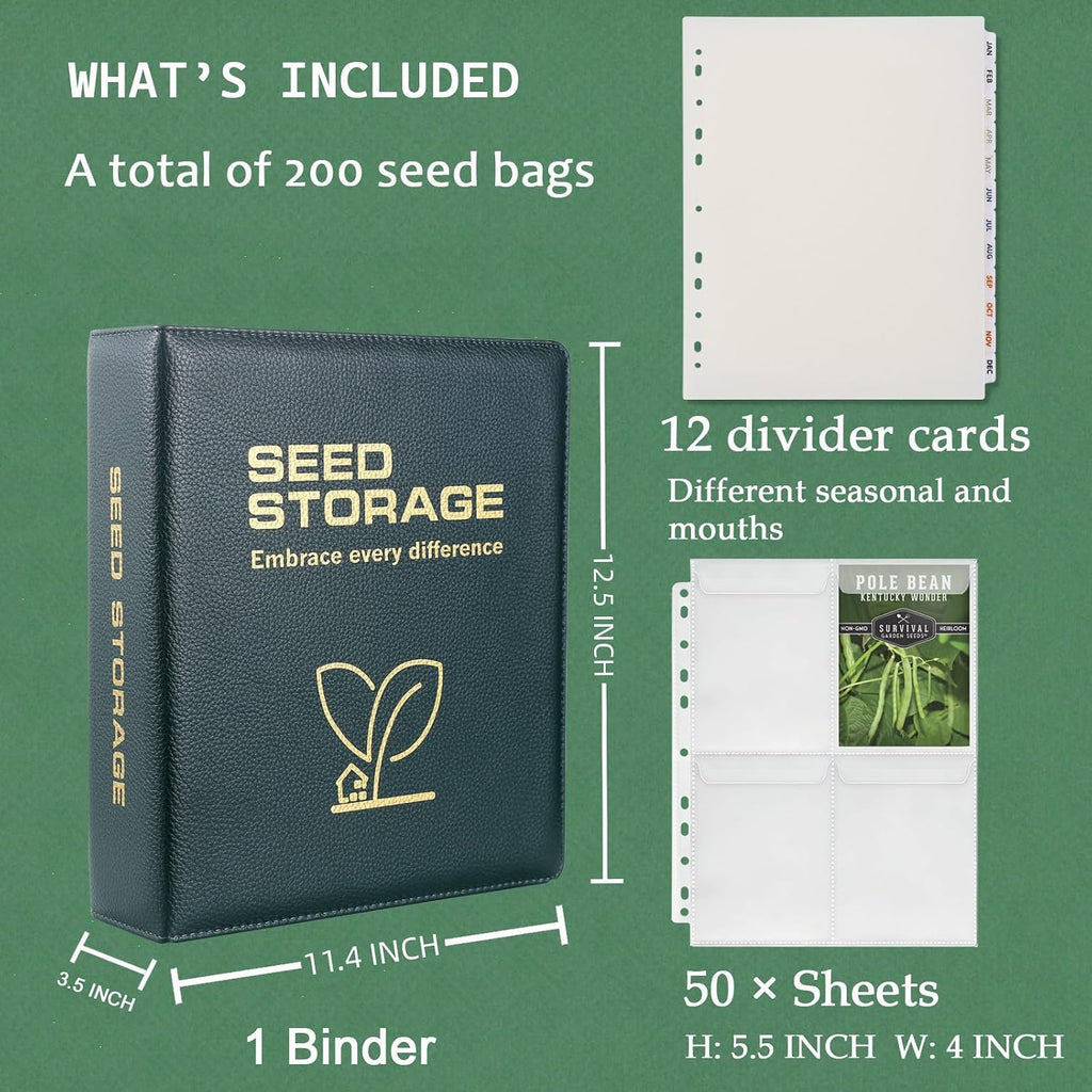MUQING Seed Storage Organizer Binder, Flip-Top Lid Sleeves | 50 Pages + 12 Monthly Cards + 4-Season Color-Coded