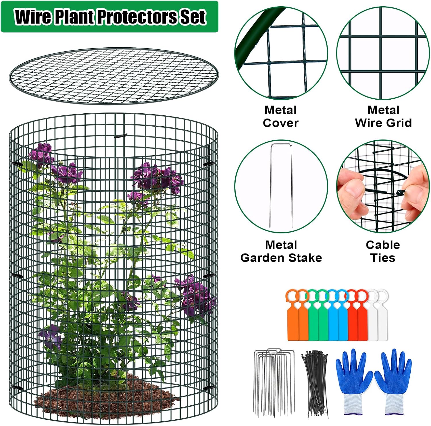 10 Pack Wire Plant Protector with Cover, 16"x12" | Detachable Metal Plant Protectors Mesh, Garden Plant Protectors for