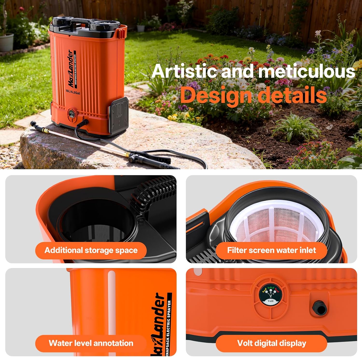 Maxlander 4.2 Gal Battery Powered Backpack Sprayer with 2 x 2.0Ah Battery | 90 Psi Adjustable Pressure, 6 Spray