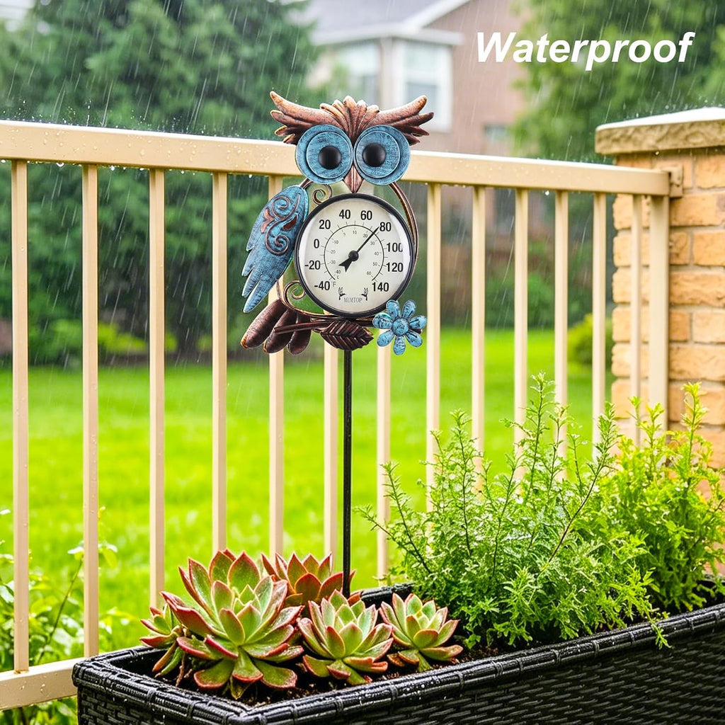 Outdoor Thermometer, Owl Outside Decor for Patio, Yard and Garden | No Battery Needed Garden Stake Wall Art Gifts Idea