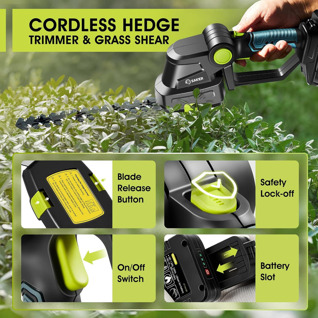 Saker 20V Cordless Hedge Trimmer,2 in 1 Electric Bush Trimmer | Electric Shrub Trimmer Grass Shears , Hedge Shear with