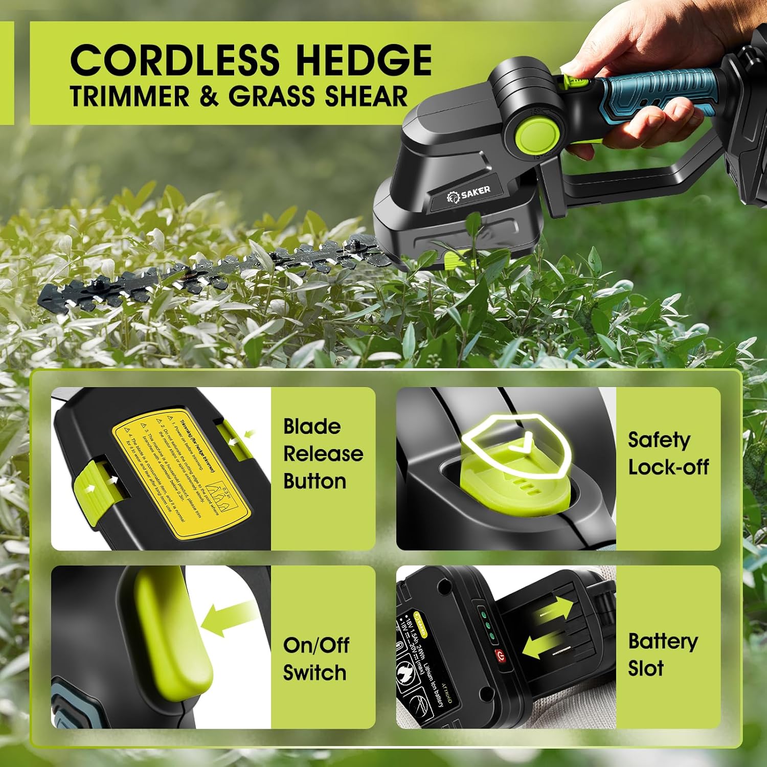 Saker 20V Cordless Hedge Trimmer,2 in 1 Electric Bush Trimmer | Electric Shrub Trimmer Grass Shears , Hedge Shear with