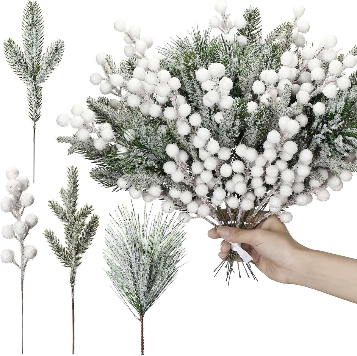 Lyrow 80 Pieces Christmas Snowy Pine Tree Picks Artificial Berry Stems Sprays Faux Cedar Pine Needles Branches for Holiday Arrangement Wreath DIY Garland Holiday Decor Winter Greenery (White)