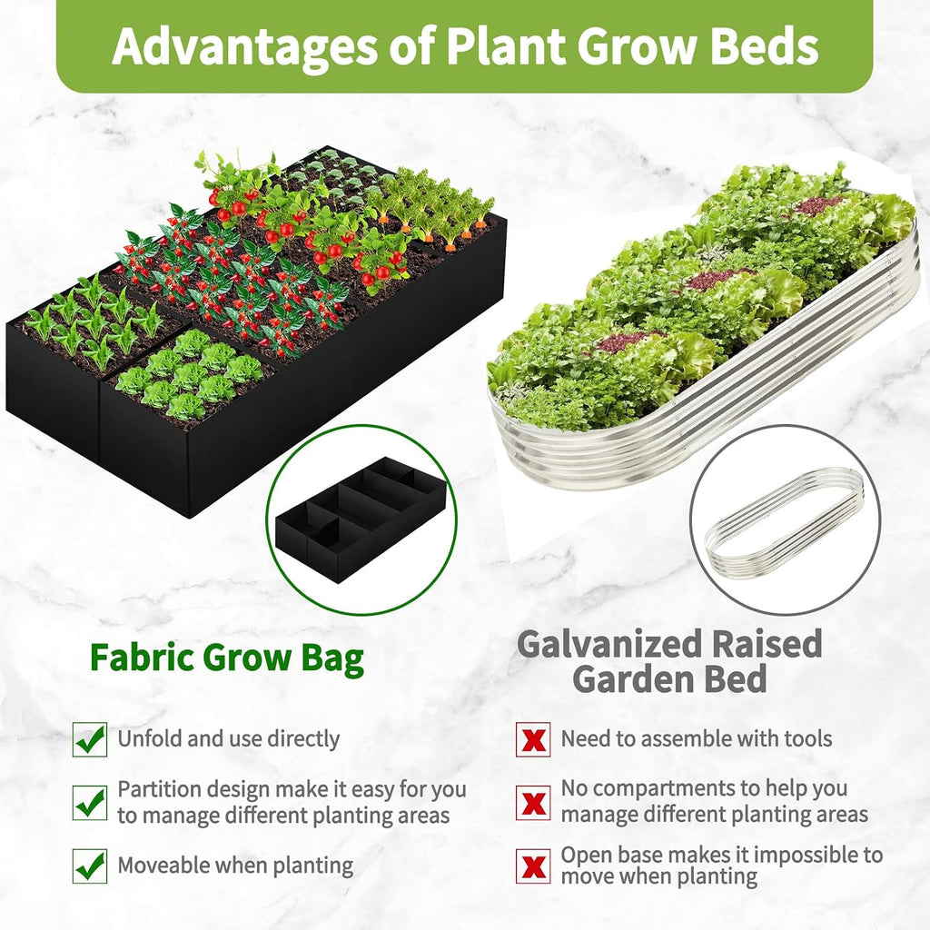 Fabric Raised Garden Bed, 6 x3 x1 FT Large Garden Grow Bags Rectangle Breathable Planting Containers with 4 Grids