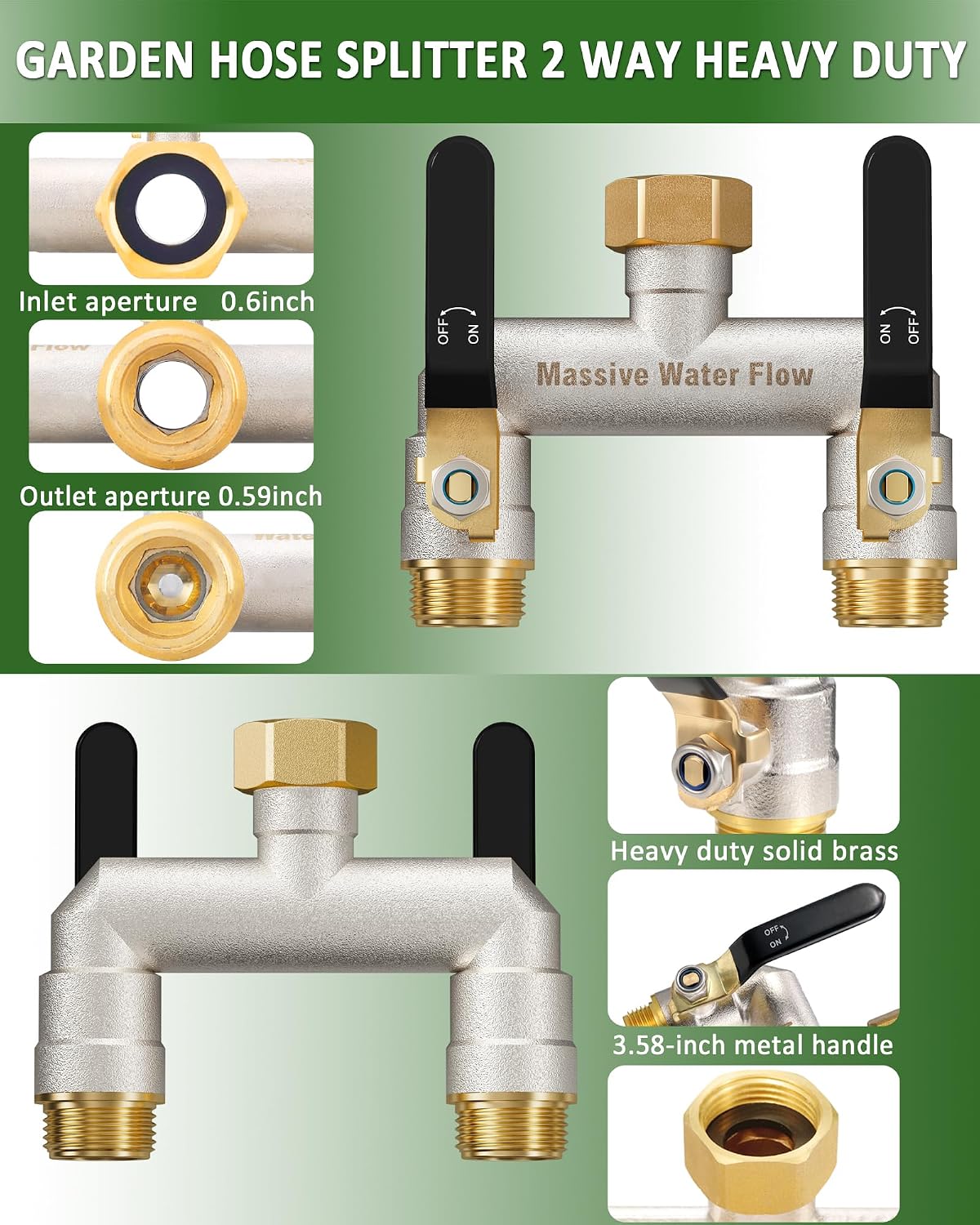 Hose Splitter 2 Way Heavy Duty, Brass Garden Hose Splitter | 304 Stainless Steel Long Handle, Full Flow Nickel Plated