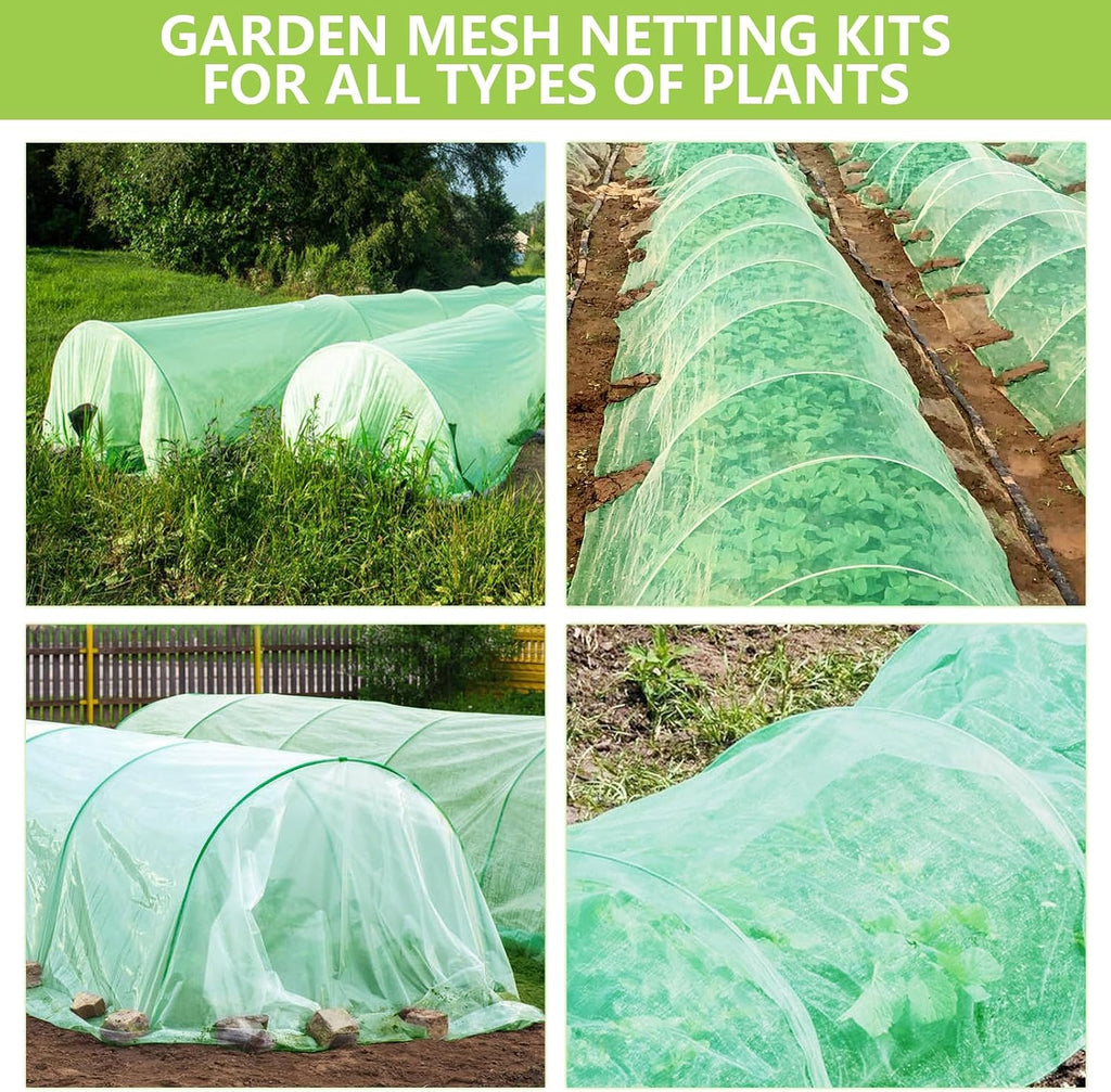 Garden Netting Kit for Raised Beds, 10x30FT Green Ultra Fine Mesh Netting ＆6 Sets of 8FT Garden Hoops, Insect Netting