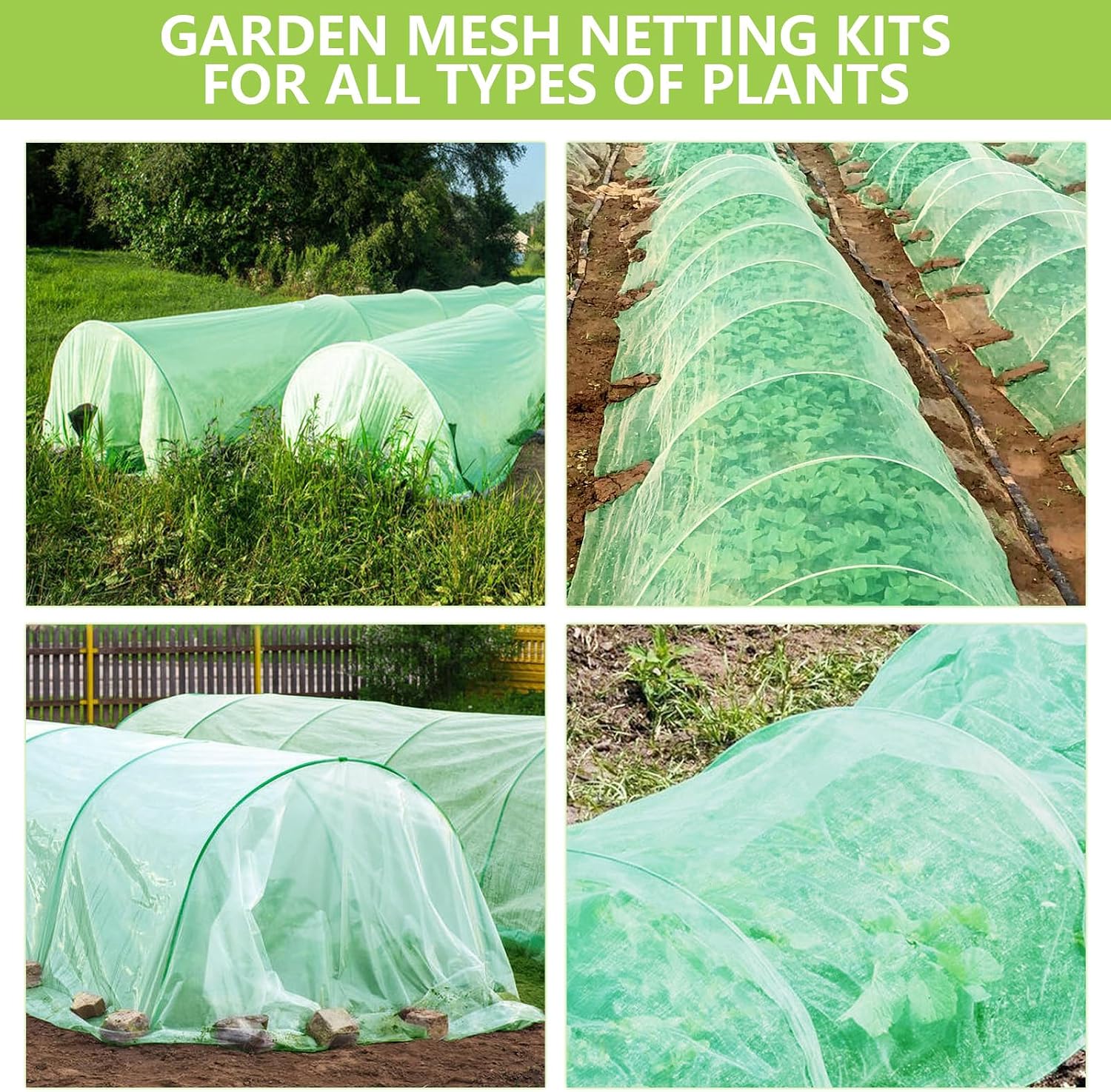 Garden Netting Kit for Raised Beds, 10x30FT Green Ultra Fine Mesh Netting ＆6 Sets of 8FT Garden Hoops, Insect Netting