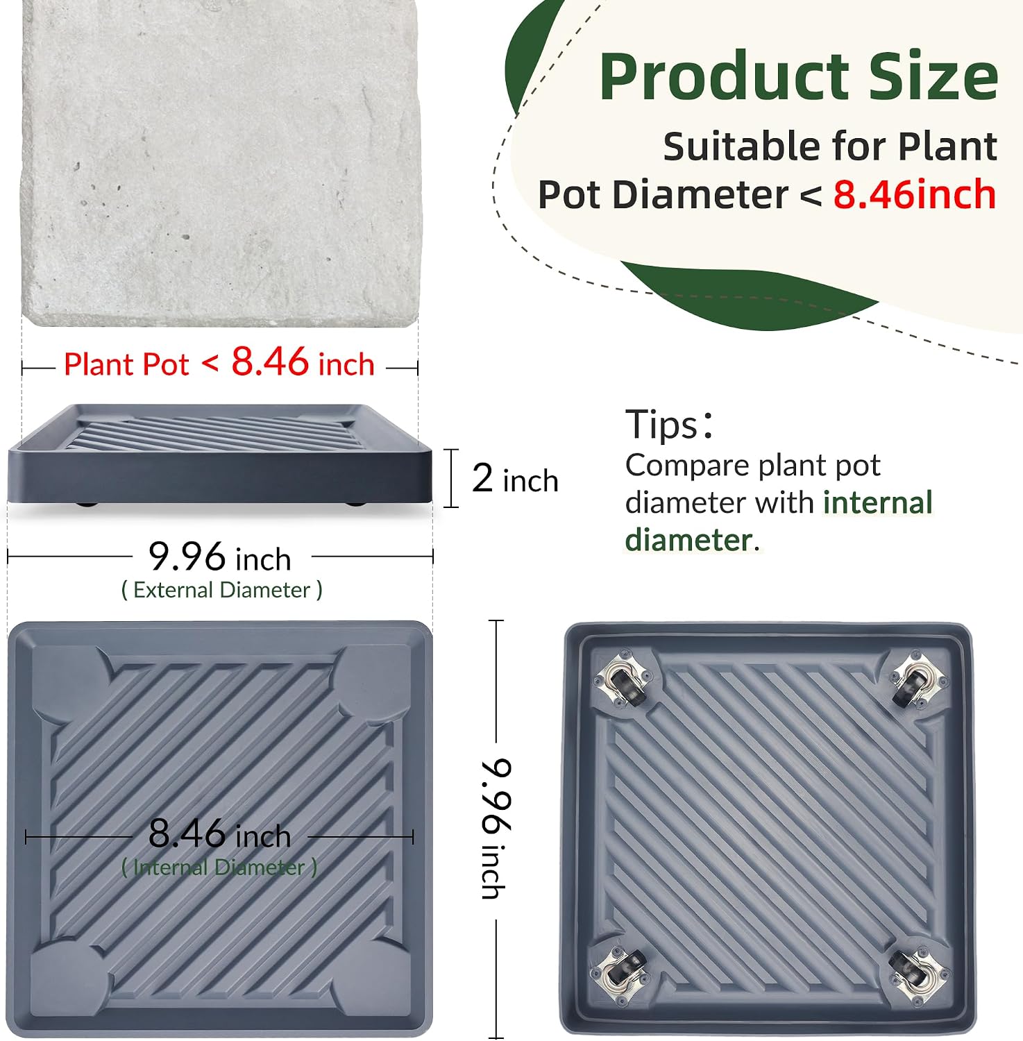 REDHUGO 2 Pcs Square Plant Caddy with Hidden Wheels, Gray, 9.96 Inch | Heavy-Duty Rolling Plant Caddy with Hidden