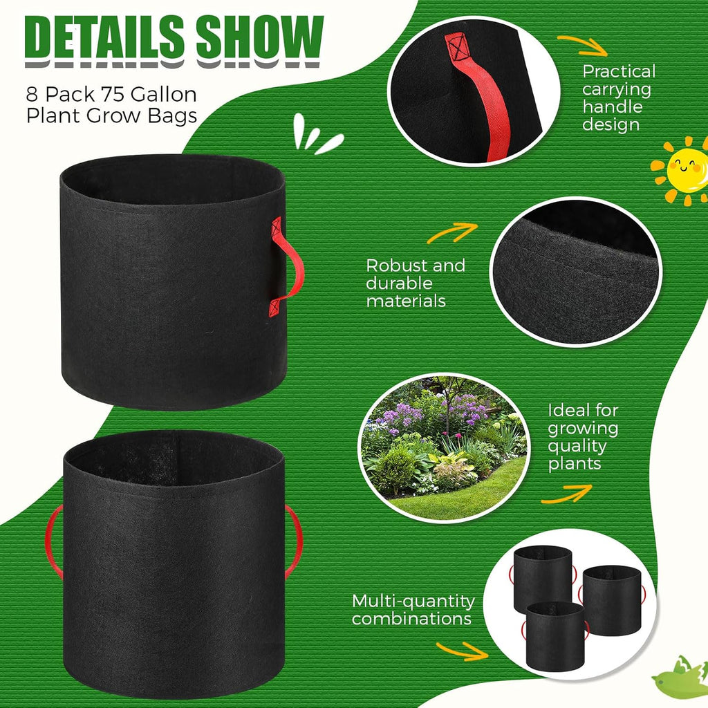 Nuenen 8 Pack 75 Gallon Plant Grow Bags Bulk Breathable Nonwoven Fabric Pot with Handles Heavy Duty Nursery Vegetable