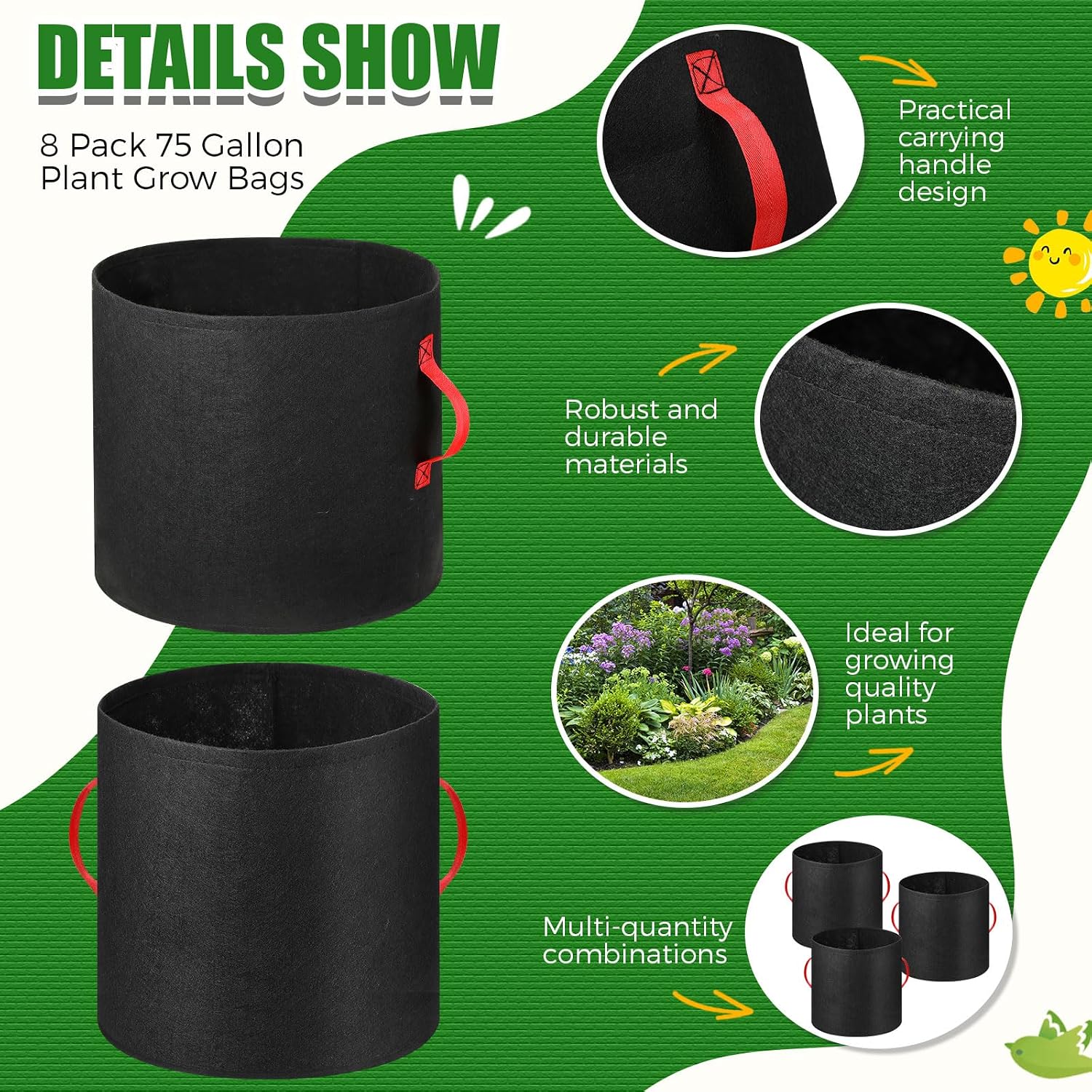 Nuenen 8 Pack 75 Gallon Plant Grow Bags Bulk Breathable Nonwoven Fabric Pot with Handles Heavy Duty Nursery Vegetable