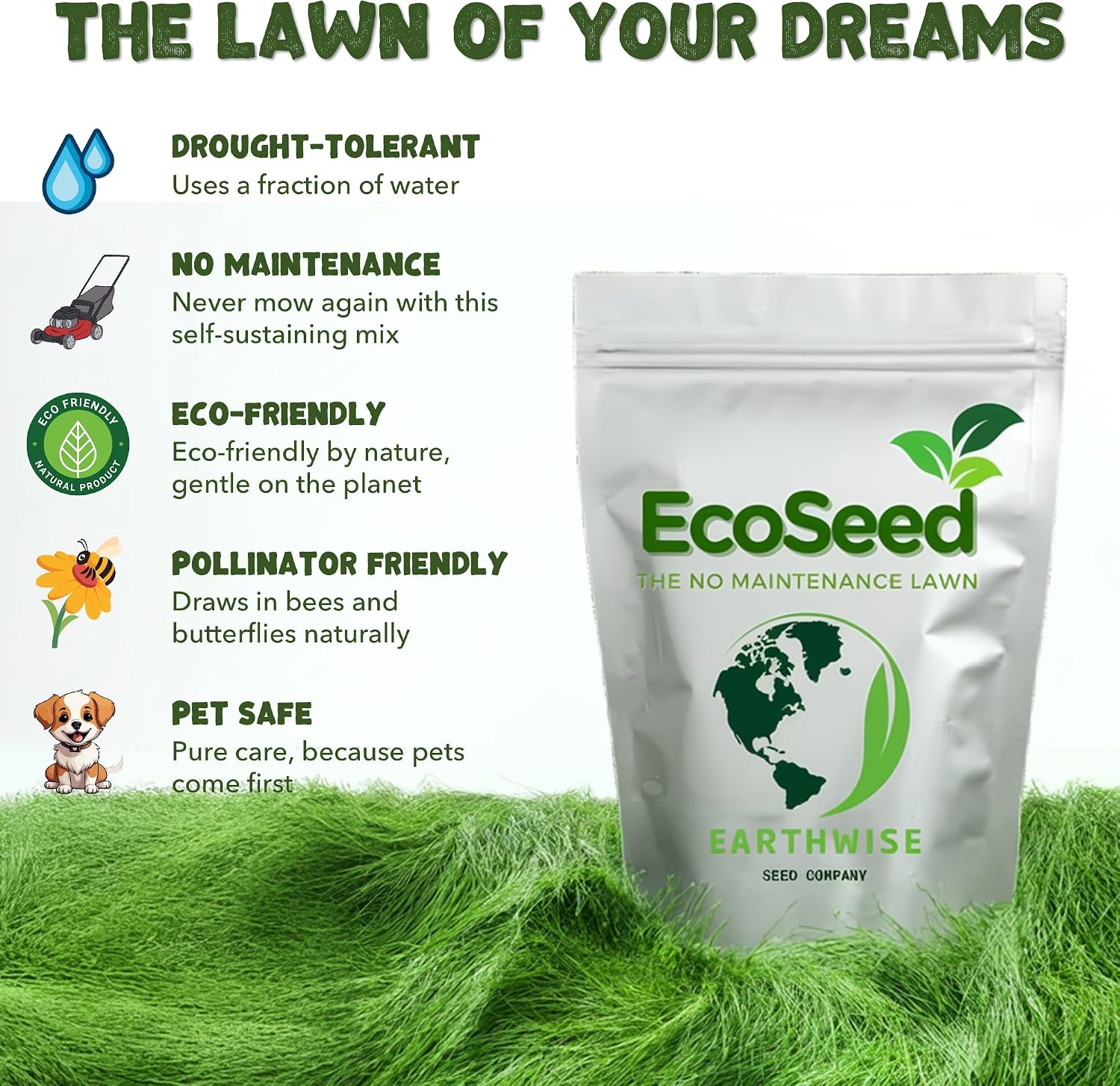 Earthwise EcoSeed Alternative Lawn Seed - 50 lb, 10,000 sq ft | Fine Fescue Blend, Creeping Red, Chewings, Sheep