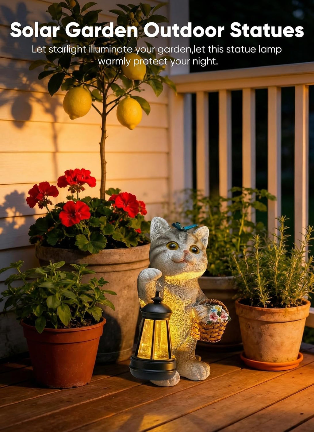 Brightown Solar Cat Garden Decor Statue with Solar Lantern Light, Hand-Painted Resin, IP65 Waterproof Outdoor Decor for