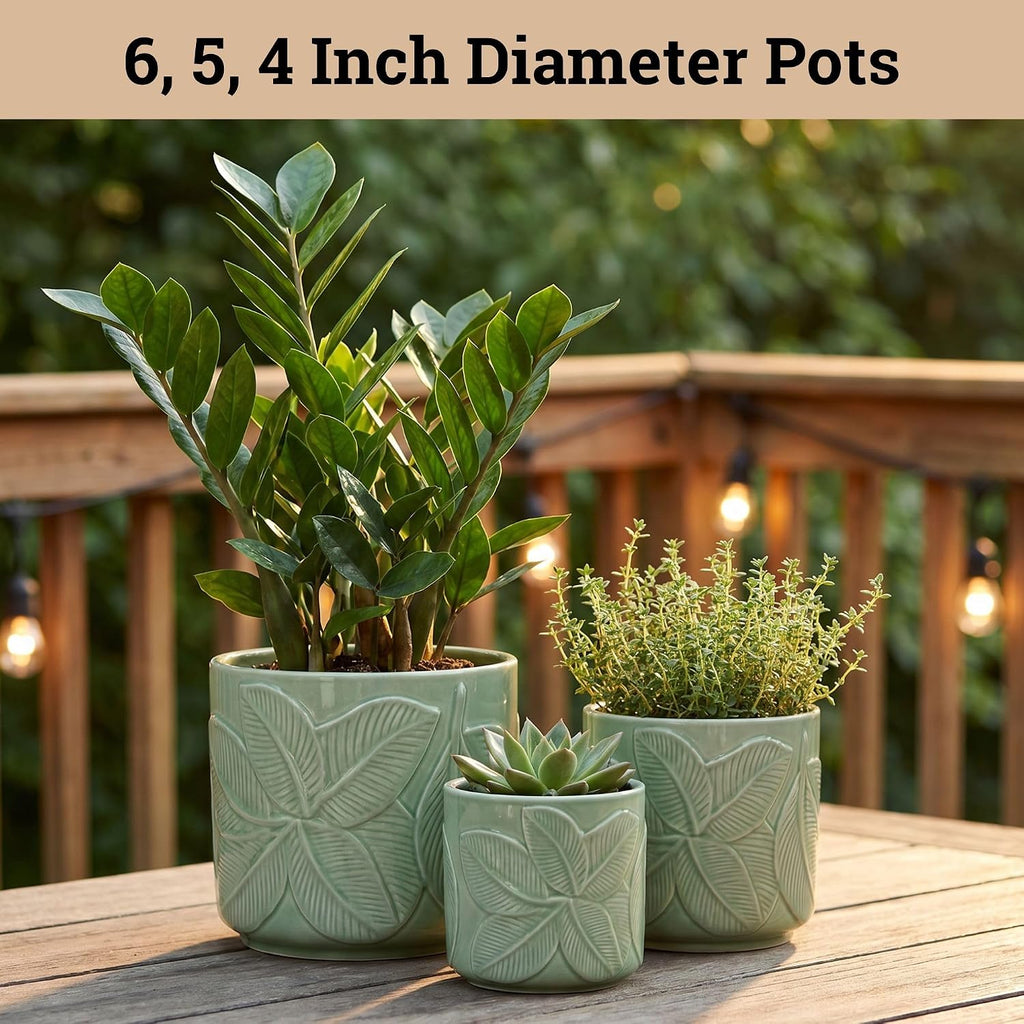 Ceramic Pots for Plants Set of 3, 6, 5, 4 Inch Diameter with Drainage Holes | Thick Durable Ceramic Pots, Plant Pots