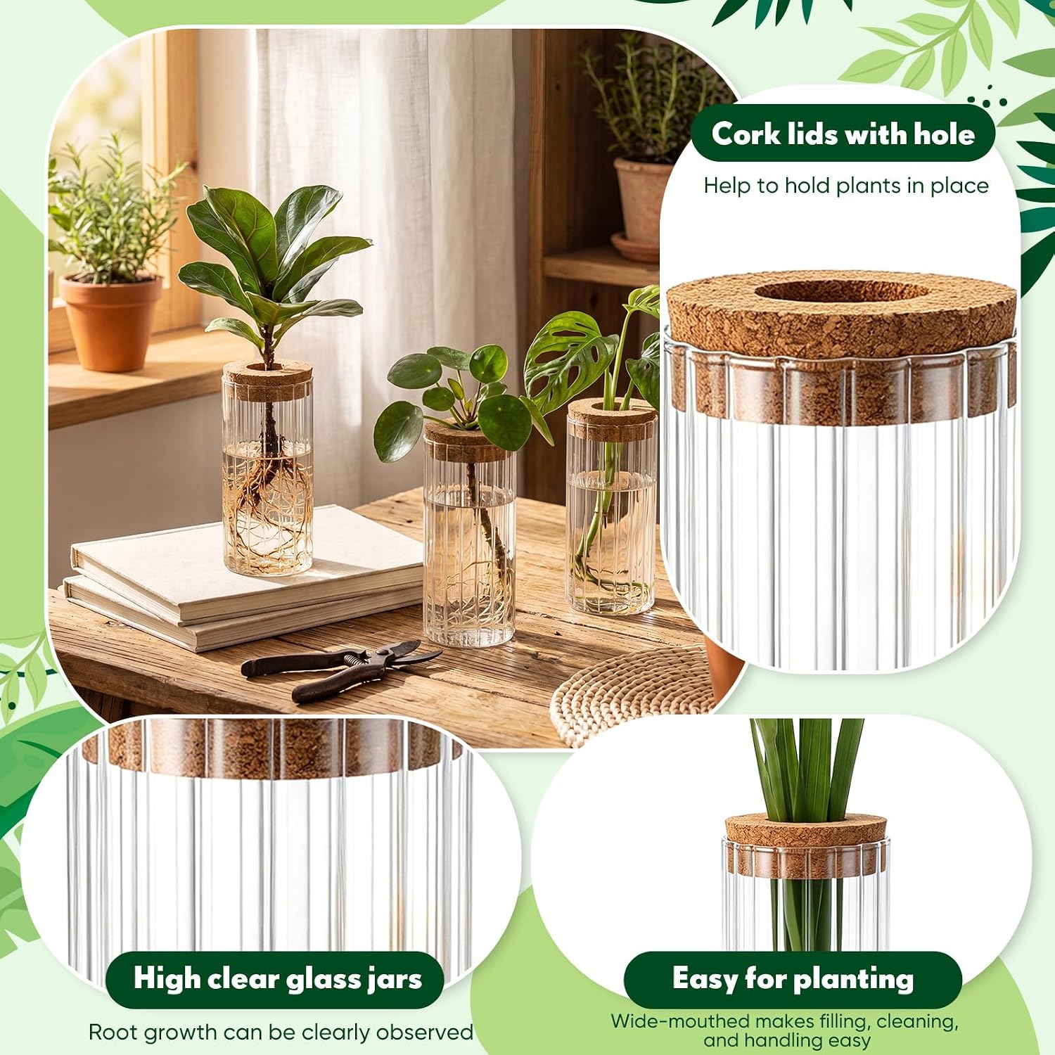 6 Set Propagation Station Jar Desktop Glass Planter Station Flower Vases Water Terrarium Jar with Cork Lid for