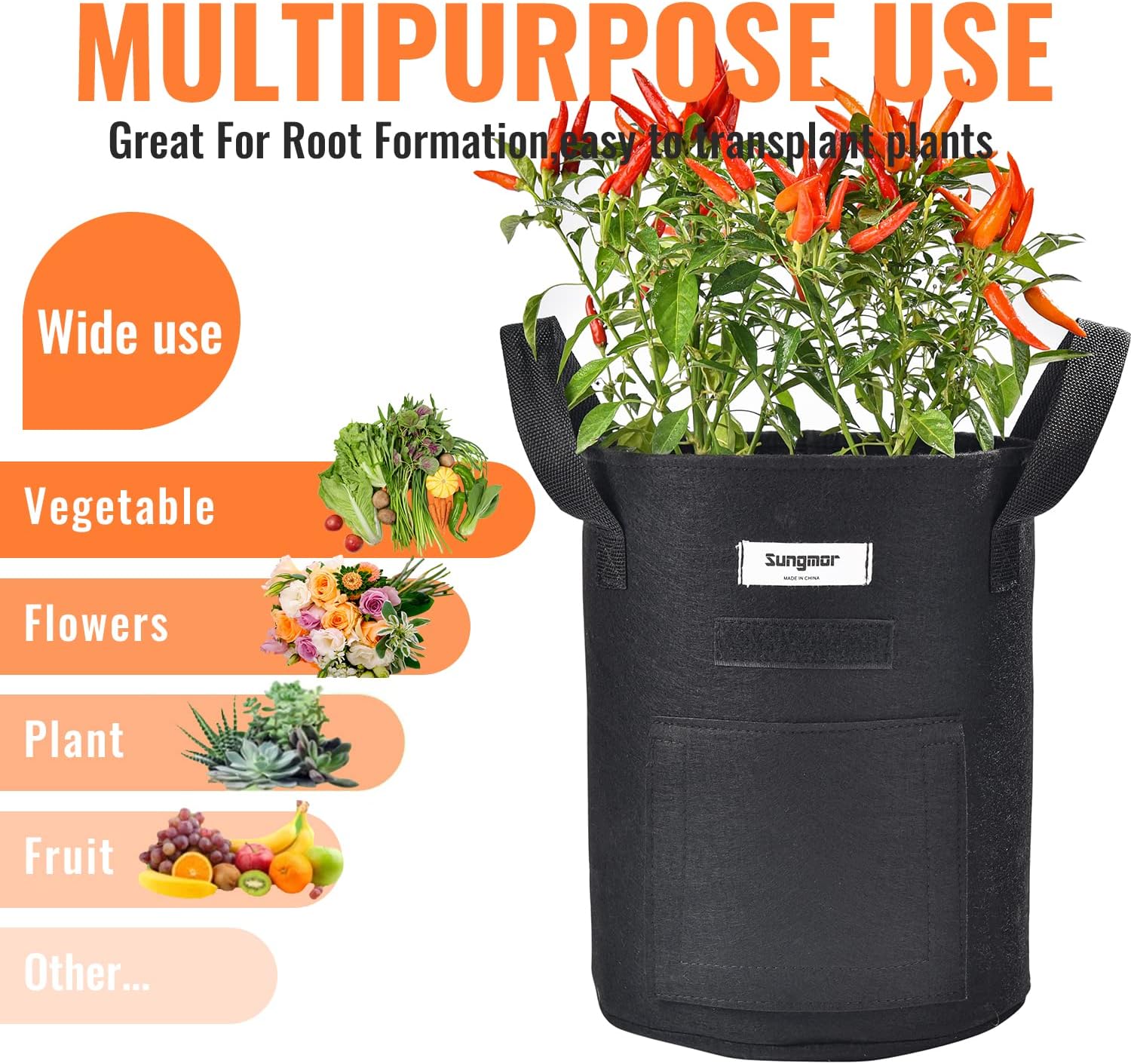 Sungmor 3PC Large Fabric Pots, 10 Gallon Non Woven Planters | Patio Garden Bags Cloth Pots, Heavy Duty Thick Planters