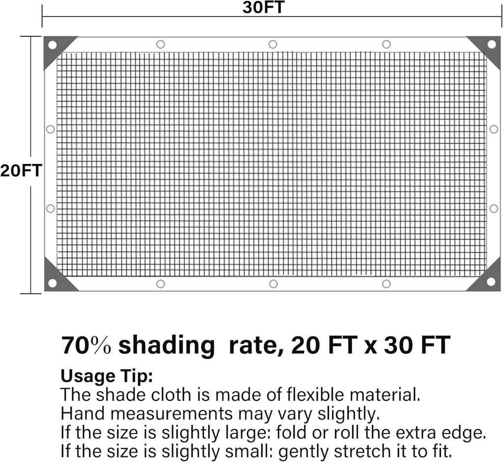 winemana 70% Black Shade Cloth, 20 x 30 FT Durable Mesh Tarp with Grommets, Resistant Garden Sun Shade Netting with