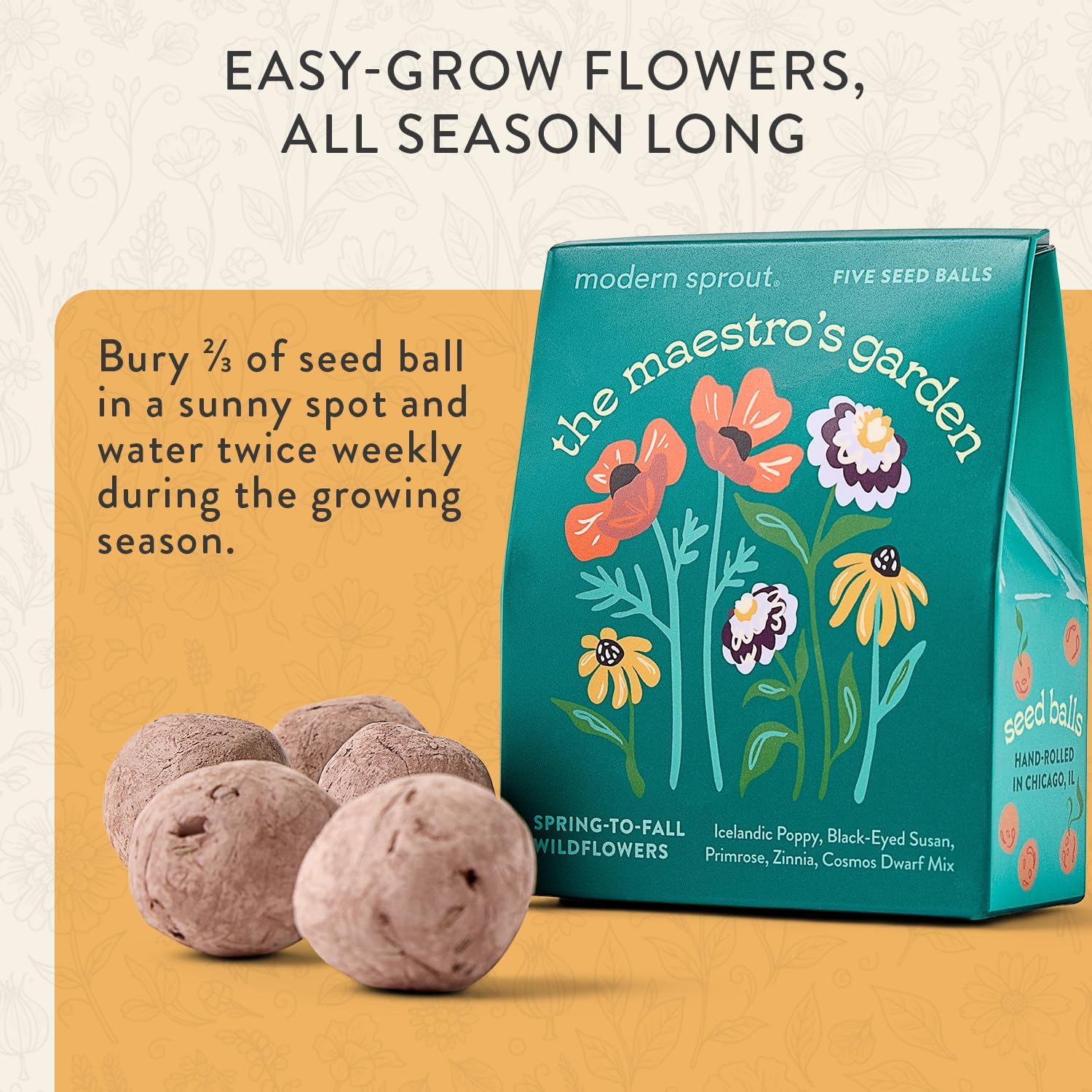 Modern Sprout Bespoke Blooms Flower Seed Ball Kit - Pack of 3 | Non-GMO 15 Hand Rolled Annual & Perennial Wildflower