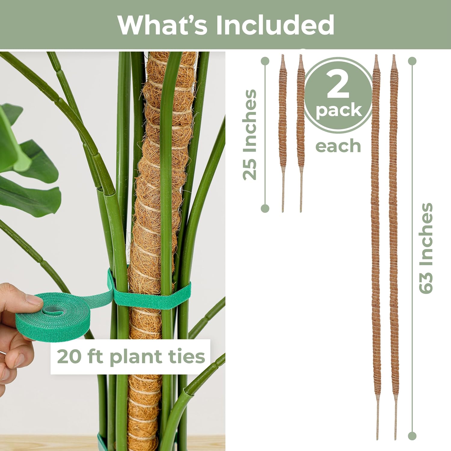 K-Brands 4 Pack Moss Pole Bundle - 2 x 63'' + 2 x 25'' Monstera Plant Support - Moss Poles for Climbing Plants Monstera