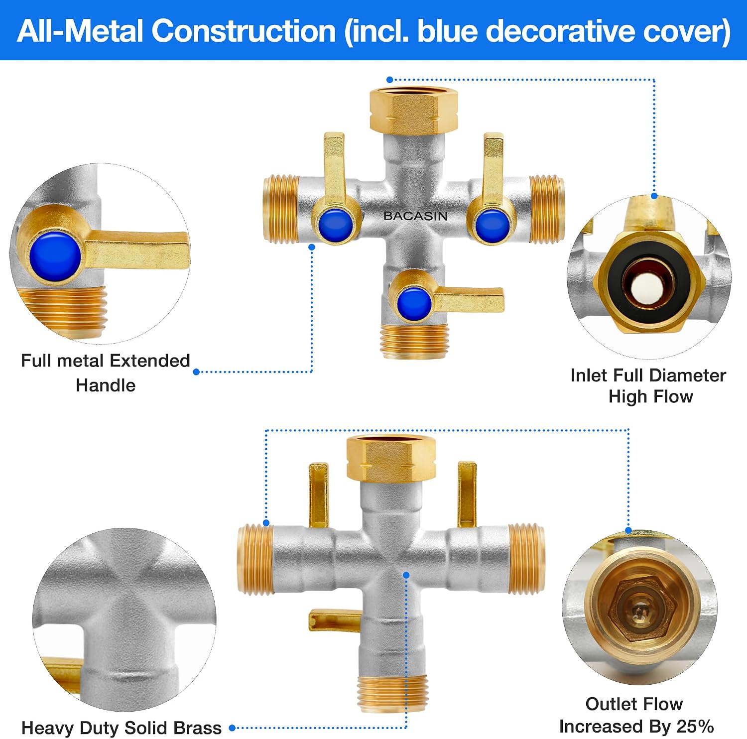 Brass Garden Hose Splitter, 3 Way Hose Splitter, Outdoor Hose Splitter, GHT 3/4 In, Female Inlet And 3 Way 3/4 In