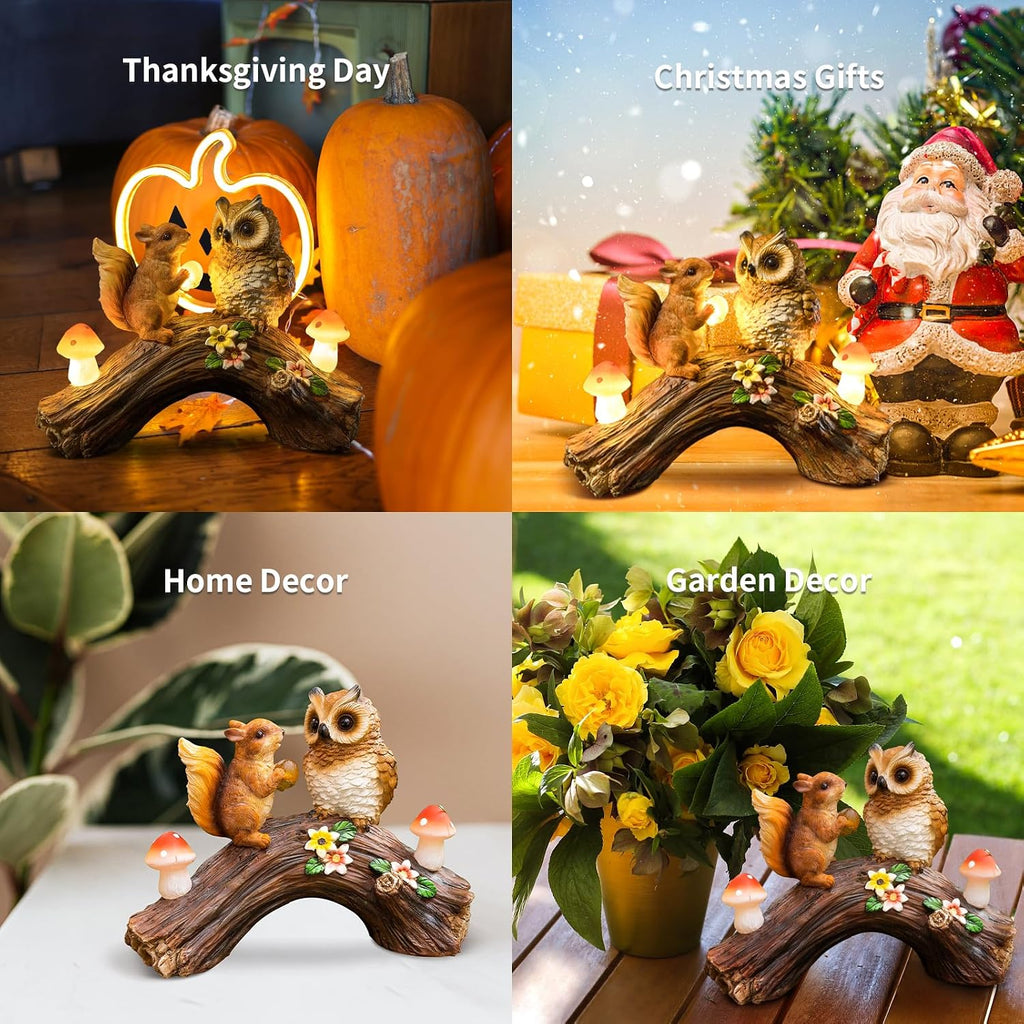 Solar Owl Garden Statues Outdoor Decor Resin Owl Squirrel Figurine with Mushroom Lights for Patio Lawn Yard Decorations