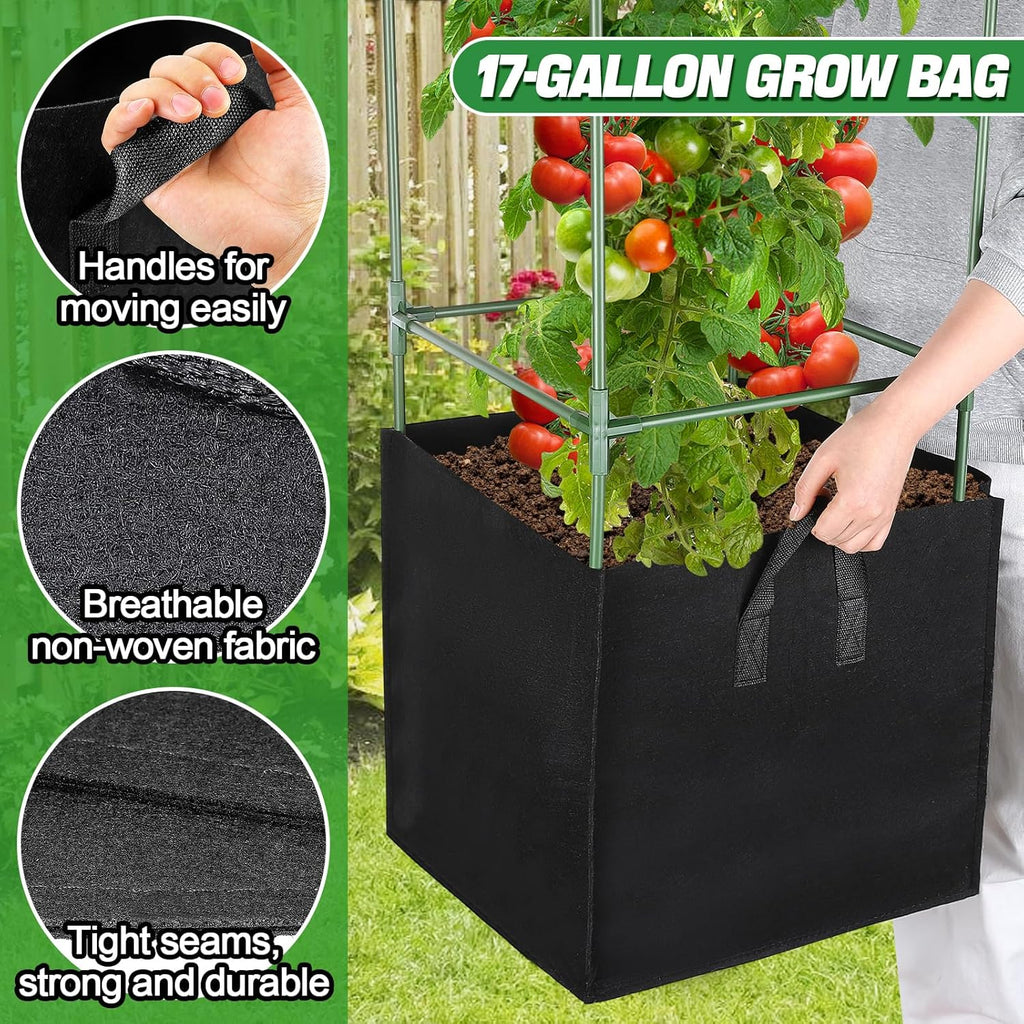 ANPHSIN Sturdy Square Tomato Cage with Movable 17 Gal Grow Bags, 3 Sets | 46'' Plants Garden Trellis Planter, Support