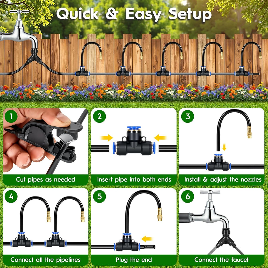 100FT Drip Irrigation System, 1/4" PE Tubing Garden Watering System with 20pcs 360° Bendable Copper Nozzles