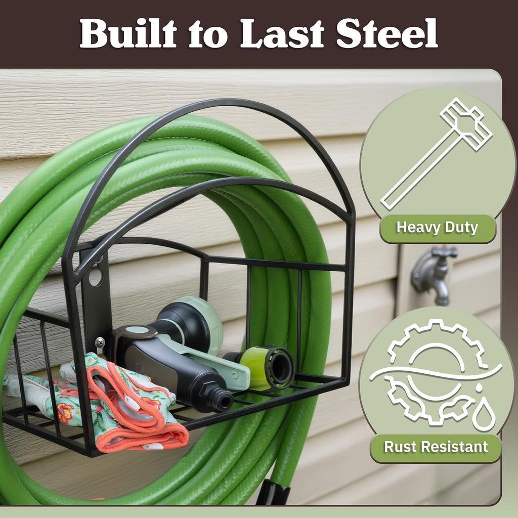 Garden Hose Holder Wall Mount with Storage Basket - Rust-Resistant Steel Outdoor Water Hose Hanger Hook for 100ft of