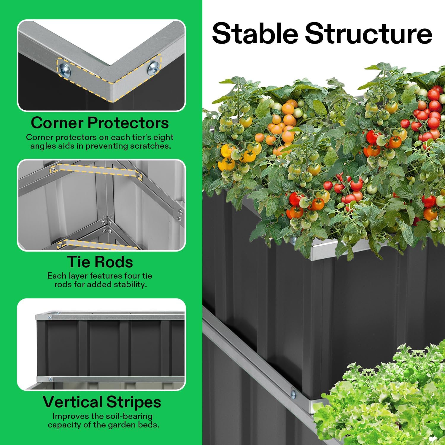 VIVOSUN 3-Tier Raised Garden Bed Outdoor Galvanized Steel 46x46x24 Gray | 2-in-1 Stack or Flat / Rust-Resistant