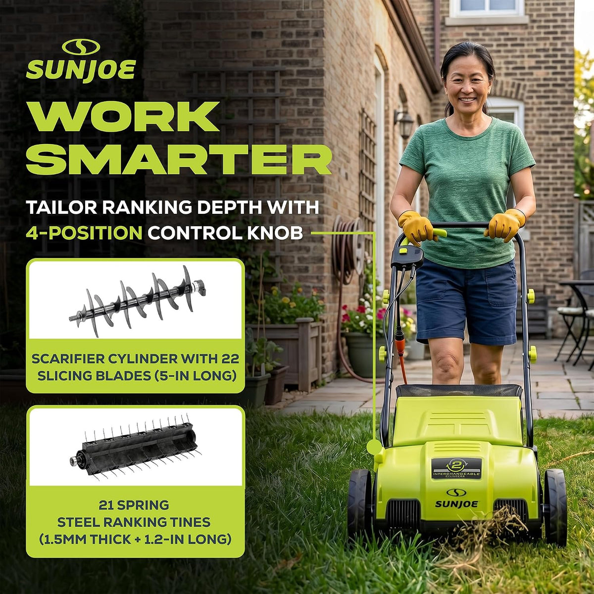 Sun Joe Corded Electric Lawn Dethatcher and Scarifier, 12-Amp, 12.6-Inch Cutting Width - Heavy-Duty Yard Trimmer and