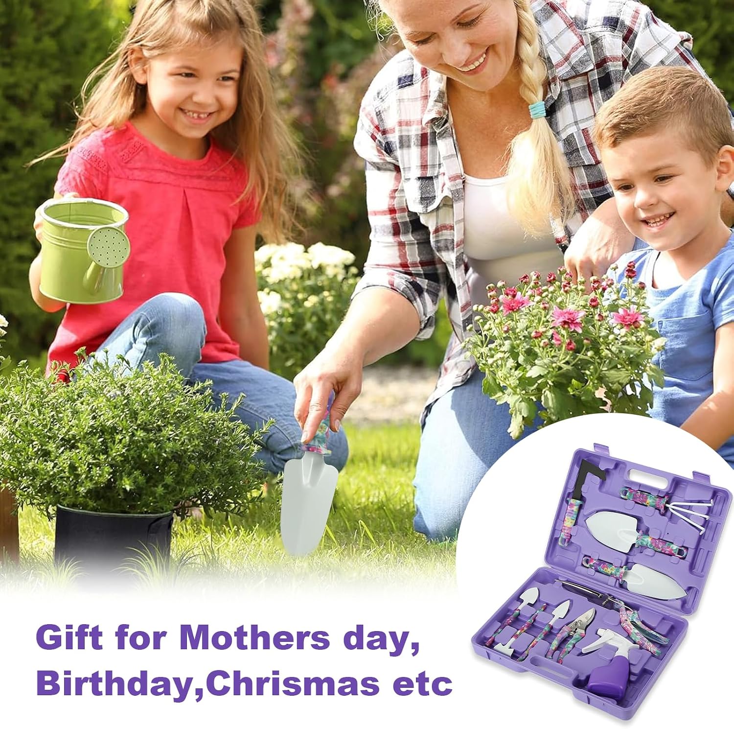 Gardening Gifts for Mom Kit, Garden Hand Tool Set for Women | All-In-One Gardening Kit, Purple Flower Print,Stainless
