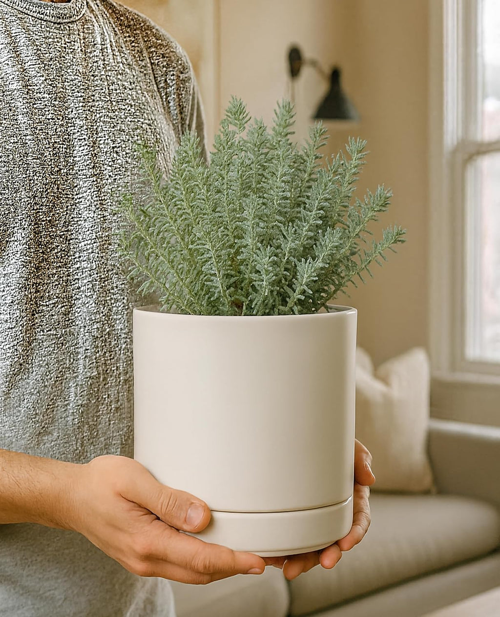 D'vine Dev 6.5 Inch Ceramic Planter Pot, Oatmeal, 94-O-C-8 | Modern Cylinder Design, Drainage Hole & Saucer Included