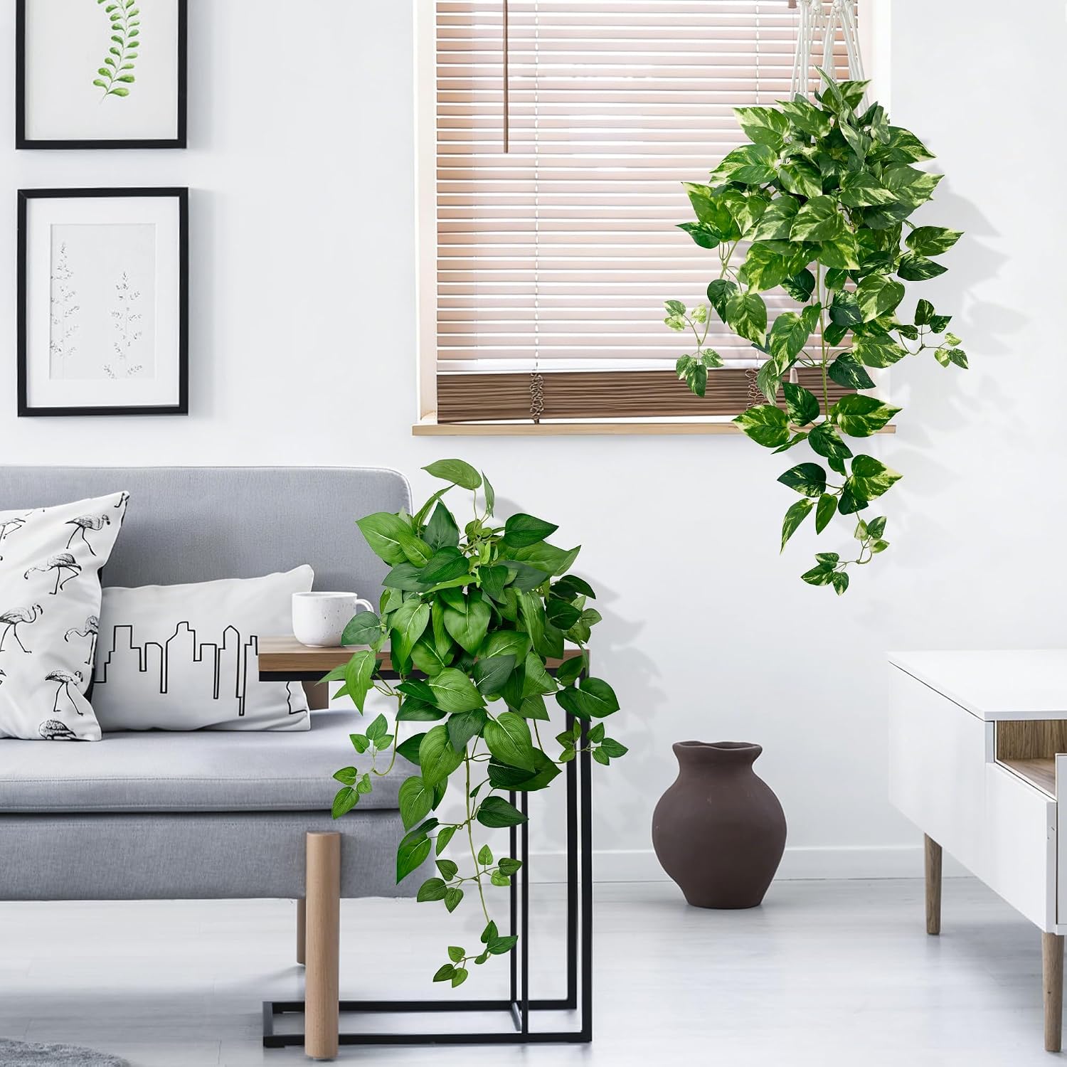 2 Pack Artificial Hanging Plants with White Pots 23.6'' | Fake Pothos Potted Plants Faux Ivy Vines Realistic Greenery