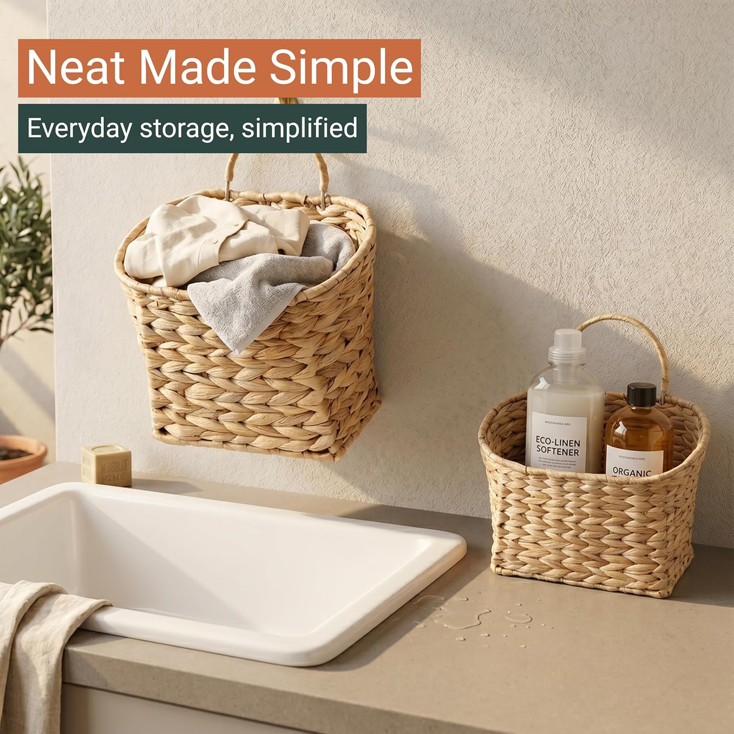Coeusy Set of 2 Hanging Basket, Wicker Wall Basket for Door,Mail,Flower,Planters, Natural Water Hyacinth Storage Basket